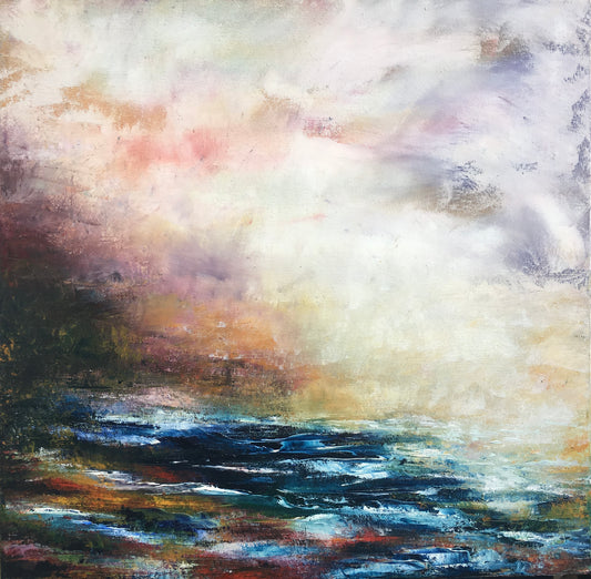 Opportune, original contemporary seascape painting by Chelsea Tikotsky featuring deep blue water beneath a luminous sky of soft blush, lavender, gold, and cream with richly textured palette-knife marks.