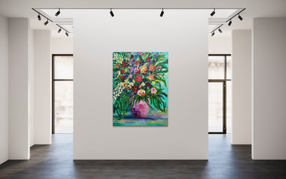 Paradise Blooms, original contemporary floral painting by Chelsea Tikotsky inspired by Miami Beach, featuring vibrant multicolored flowers in a pink vase with expressive palette-knife texture.