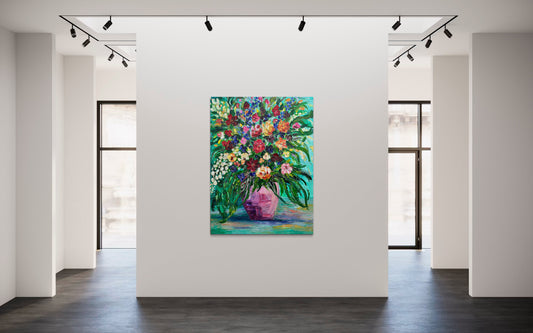 Paradise Blooms, original contemporary floral painting by Chelsea Tikotsky inspired by Miami Beach, featuring vibrant multicolored flowers in a pink vase with expressive palette-knife texture.