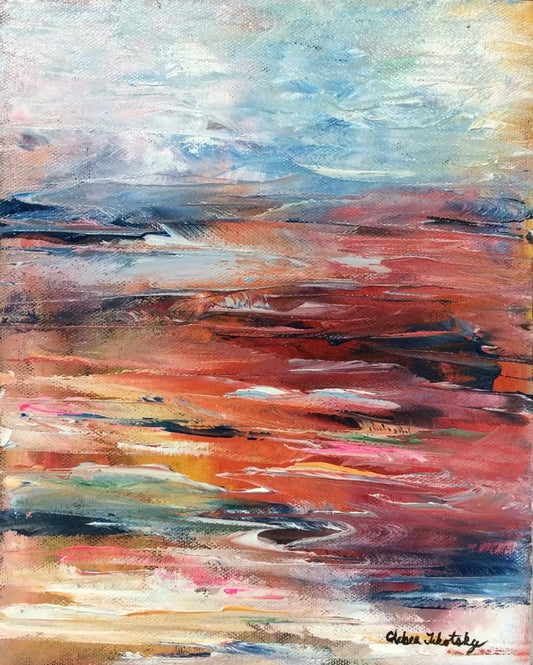 Poseidon, original contemporary ocean painting by Chelsea Tikotsky, inspired by her childhood love of The Little Mermaid, featuring expressive palette-knife textures in blue, coral, rust, pink, and warm earth tones.