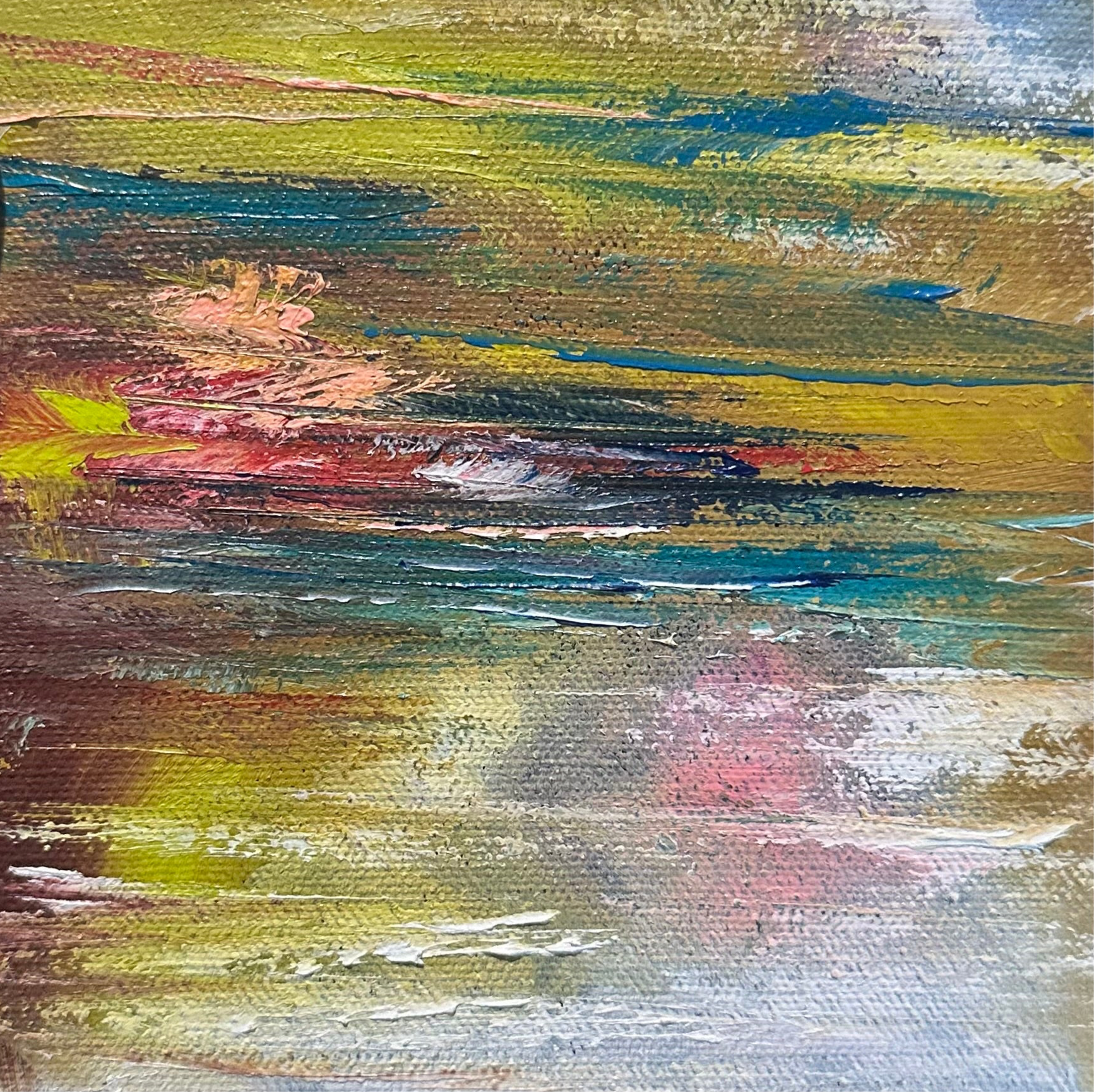Sea Nymph, original contemporary landscape painting by Chelsea Tikotsky featuring richly textured palette-knife marks in layered green, blue, earthy brown, pink, yellow, and white tones.