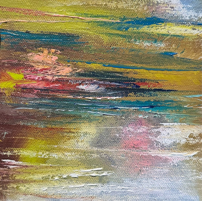 Sea Nymph, original contemporary landscape painting by Chelsea Tikotsky featuring richly textured palette-knife marks in layered green, blue, earthy brown, pink, yellow, and white tones.