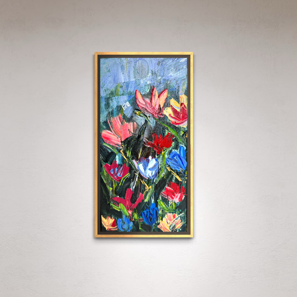 Spring Bloom, original contemporary floral painting by Chelsea Tikotsky featuring vibrant pink, red, blue, and orange flowers against a dark background with expressive palette-knife texture.