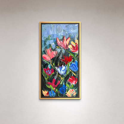 Spring Bloom, original contemporary floral painting by Chelsea Tikotsky featuring vibrant pink, red, blue, and orange flowers against a dark background with expressive palette-knife texture.