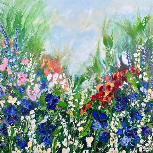Spring Blooms, original contemporary botanical landscape painting by Chelsea Tikotsky featuring a lush field of blue, pink, white, coral, and red flowers beneath a soft open sky.
