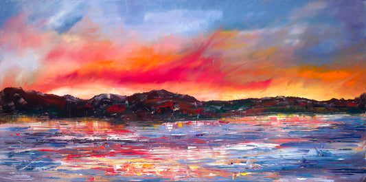 Tahoe Sunset, original contemporary landscape painting by Chelsea Tikotsky inspired by South Lake Tahoe, featuring vibrant pink, coral, orange, and violet sunset light reflecting across the lake.