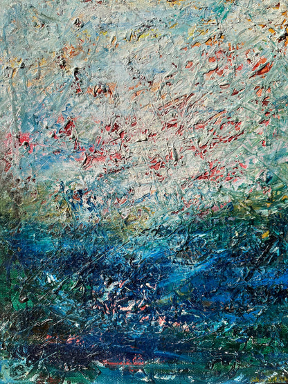 Abstract painting with a blend of blue, red, and white colors.