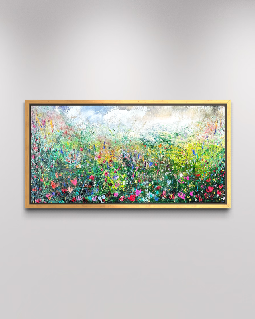 Wild Hues of Spring, original contemporary landscape painting by Chelsea Tikotsky inspired by the British and French countryside, featuring a vibrant wildflower meadow with richly textured palette-knife marks.