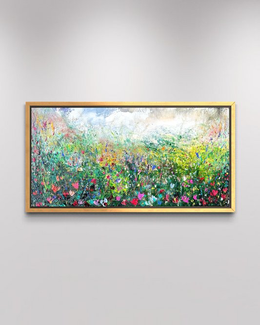 Wild Hues of Spring, original contemporary landscape painting by Chelsea Tikotsky inspired by the British and French countryside, featuring a vibrant wildflower meadow with richly textured palette-knife marks.